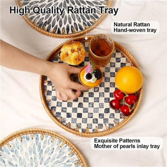 Round Rattan Tray Black Mother of Pearl Inlay Coffee Table Kitchen Decor - Picture 5 of 7